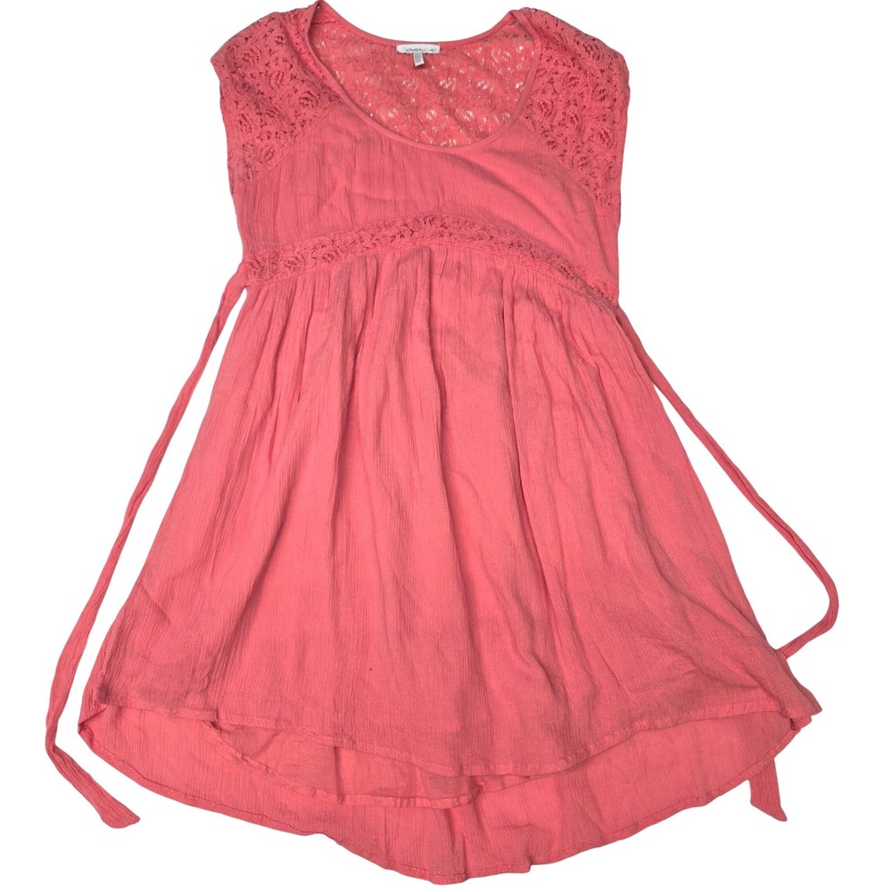 ONeill Womens Coral Pink Lace Trim Crinkle Gauze Babydoll Top Boho Style Beach